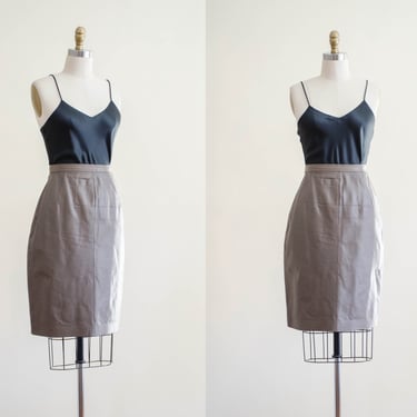 brown leather skirt | 80s 90s vintage taupe greige light dark academia short pencil wiggle mini skirt 