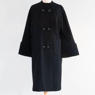 Elegant 1960's Black Wool Balenciaga Influenced Cocoon Coat With Fur Trim / M