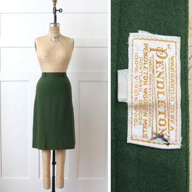 vintage 1960s pendleton moss green wool skirt • classic tailored skirt with belted waist 