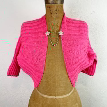 Vintage 50s Hot Pink Shrug with Pearl Sweater Guard/1950s Ribbed Hand Knit Bolero 