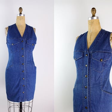 80s Ann Taylor Fitted Jean Dress/ Pinafore Dress / Denim Dress /Denim Duster / Size S/M 