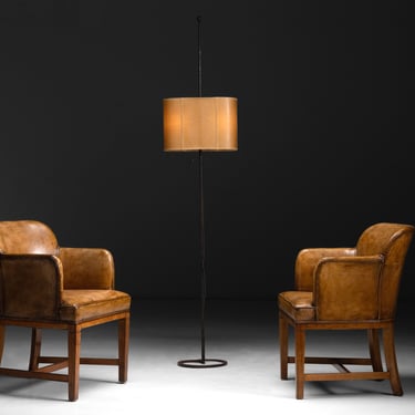 Wrought Iron Floor Lamp / Leather & Oak Armchairs