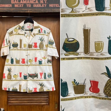 Vintage 1950’s “Kahala” Atomic Tiki Cocktail Cotton Border Print Hawaiian Shirt, Great Buttons, 1950’s Shirt, 50’s Vintage Clothing 