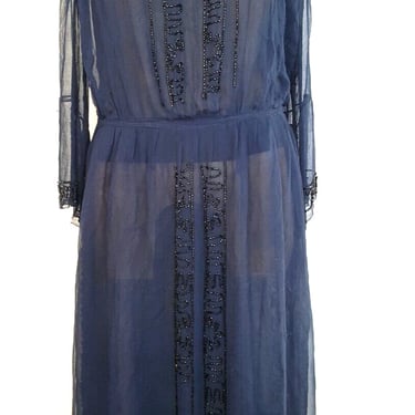 Vintage 40s Rayon Crepe Dress Size Medium Blue Sheer Beaded WWII