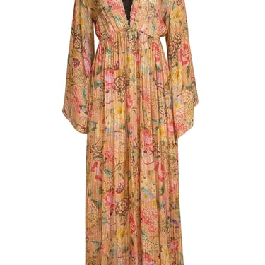 Anjuna - Peach & Multicolor Floral w/Gold Stripe Semi-Sheer Dress Sz S