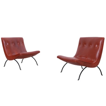 Early Leather and Iron "Scoop" Lounge Chairs by Milo Baughman