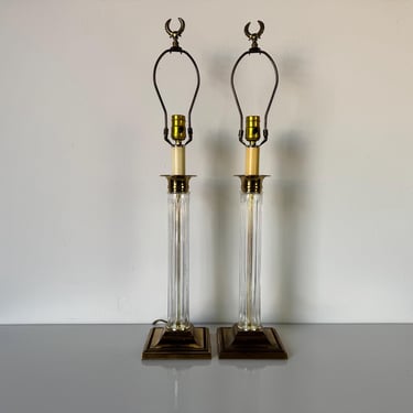 Vintage Paul Hanson Brass and Glass Column Table Lamps -  A Pair 