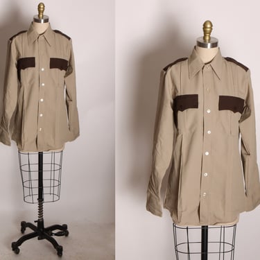 Deadstock 1970s Tan and Brown Long Sleeve Button Up Uniform Ranger Button Down Shirt by Horace Small -M 