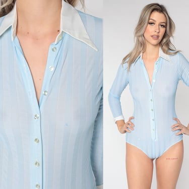 70s Bodysuit Semi-Sheer Baby Blue Leotard Shirt 1970s Hippie Top Disco Polo Bohemian Dagger Collar Vintage Button Up Long Sleeve Medium 