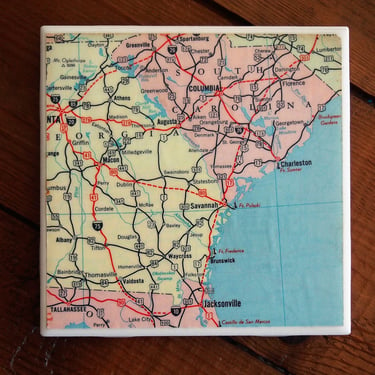 1962 Georgia & South Carolina Coast Map Coaster. Georgia Map Gift. Carolina Map. Charleston Gift. Savannah Map. Beach House Décor. Southeast 
