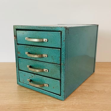 Vintage Four Drawer Small Metal Green Machinist Chest Jewelry Box 