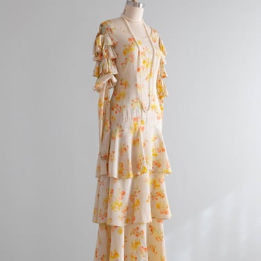 Ethereal 1930's Spring Floral Print Moire Garden Party Gown / XS