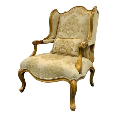 Vintage Traditional Gold Damask Wingback Chair and Ottoman Set