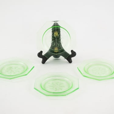 Set of Four Green Uranium Glass Saucer Plates 