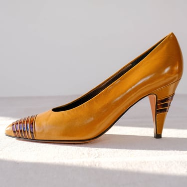Vintage 80s BALLY Dark Camel Brown Leather Pumps w/ Tortoise Shell Accents | Made in Italy | UNWORN w/ Box | Size 7.5 | 1980s Designer Heels 