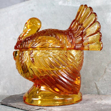 Vintage Pressed Glass Turkey Candy Jar | Amber Glass Turkey Candy Jar | Thanksgiving Decor 