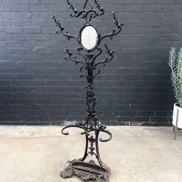 Vintage American Cast Iron Ornate Coat Rack with Mirror, c.1930’s 