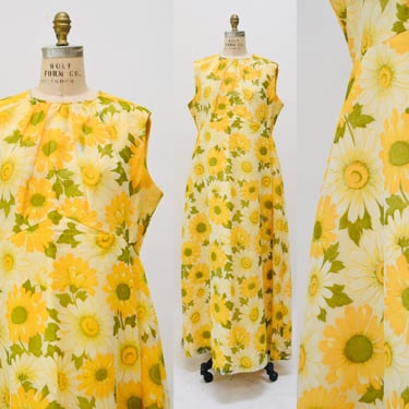 70s Vintage Yellow Floral Print Maxi Dress with Sun Flower Daisy Yellow Print Size Large XL// Vintage Yellow Summer Dress Large Floral Print 