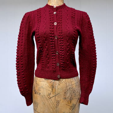 Vintage 1980s Ralph Lauren Wool Cardigan, Wine Cable Knit Puff Sleeve Cottagecore Sweater, Bavarian Folk Style, Handmade in UK Medium 