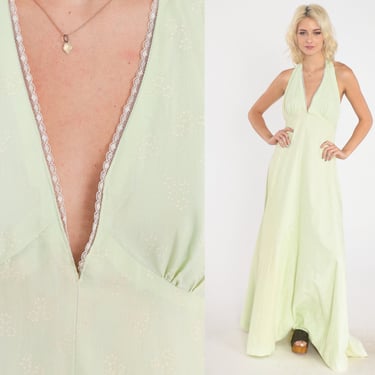 Mint Green Gown 70s Party Dress Floral Maxi Halter Deep V Open Back Sleeveless Backless Formal Prom Long Empire Waist Vintage 1970s Small S 