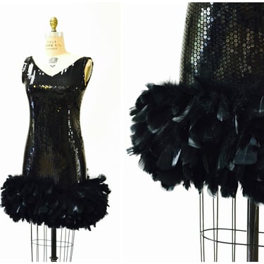 80s does 20s Vintage Black Sequin Dress Feathers// Vintage Flapper Black sequin Party Dress Feather Hem Small Medium Dana Deatherage 