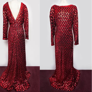 1960s Red Sequin Long Gown Lilli Diamond MERMAID Flare Skirt, LARGE Size 20, Vintage Formal Evening Gown Dress Floor Length Designer Sparkle 