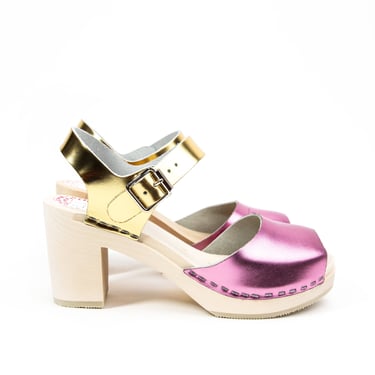 Visby Wooden Sandal Clog-pink and gold