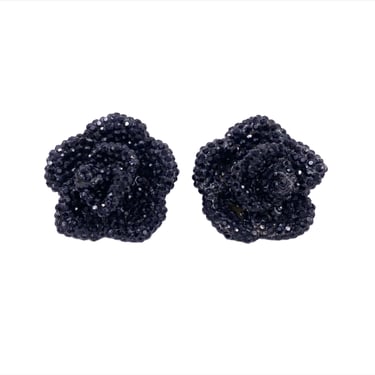 Vintage Large Black Stone Rose Clip-On Earrings 