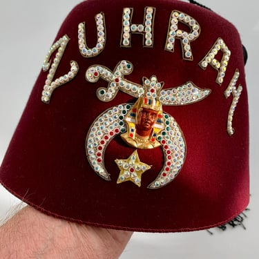 1940'S Zuhrah Shriners Fez Hat - Cool Aurora Borealis Rhinestone Lettering - Quality Wool Felt - Egyptian images - Long Tassel 