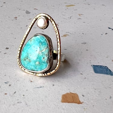 Statement Turquoise and Pearl Lasso Ring Handmade by Rachel Pfeffer in Sterling Silver and 14k Goldfilled Metals 