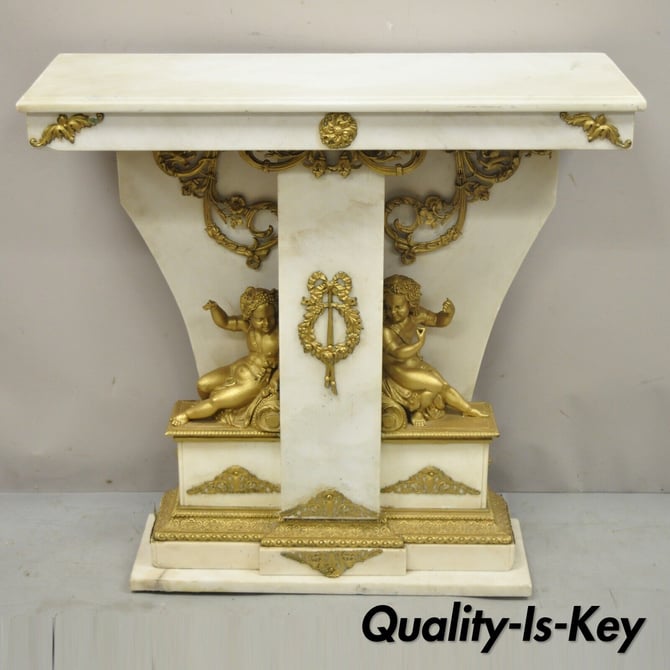 French Louis XV Style Marble and Bronze Ormolu Console Table with Cherubs