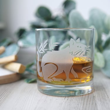 Capybara Cat Cocktail Glass - Etched Lowball Glassware 