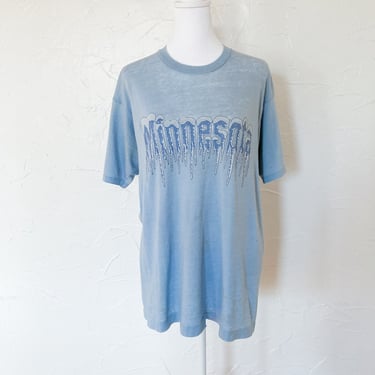 70s Minnesota Ice Single Stitch Paper Thin Light Blue Novelty Print Tee T-Shirt | Large 