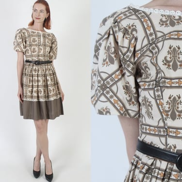 Fleur De Lis Print Dress / Vintage 60s Puff Sleeve Secretary Outfit / Wear To Work Office Mini Frock 