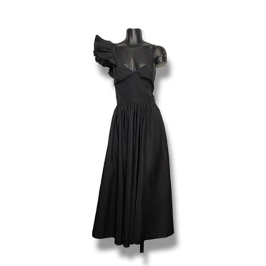 Vintage 1970s JOY STEVENS One Shoulder Pull Sleeve Tafetta Dress, DEADSTOCK, New w/ Tags, Black Prom Homecoming Gown, Retro Vintage Clothing 