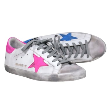 Golden Goose - White 'Private Edition' Sneakers w/ Contrasting Blue & Pink Trim Sz 10