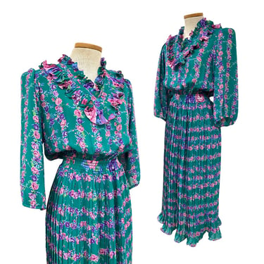 Vtg 80s Susan Freis Designer Glam Dynasty Floral Teal Purple Spring Midi Dress 