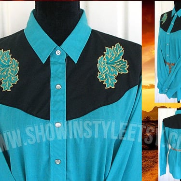 Vintage Retro Women's Cowgirl Western Shirt by Ely, Turquoise & Black with Embroidered Floral Designs, Size XLarge (see meas. photo) 