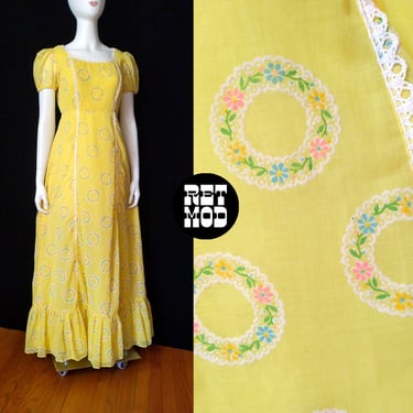 Sweet Vintage 60s 70s Light Bright Yellow Peasant Maxi Dress with Pastel Flower Circles 