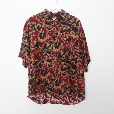 vintage RED and GOLD short sleeve button up shirt damask print silky shirt --- size medium 