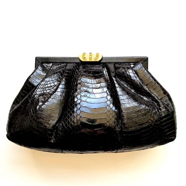 Vintage 80s Snakeskin Leather Clutch Shoulder Bag 1980s Glam Black Gold Handbag Purse 