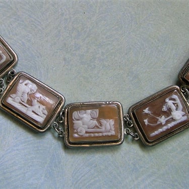 Vintage Italian Silver Cameo Bracelet with Chariots; Vintage Sterling Cameo Bracelet (#4228) 