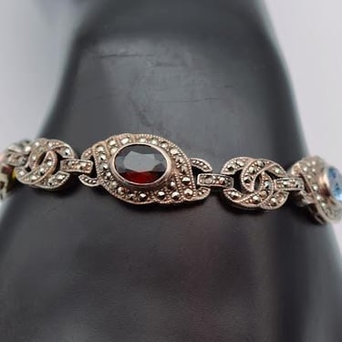 40's Art Deco 925 sterling silver marcasite amethyst topaz garnet & yellow sapphire bracelet 