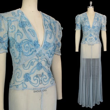 RARE 1930s Fishnet Dress / 30s Stretchy Ice Blue Mesh Gown / Soutache / Deep V / Puffed Sleeves 