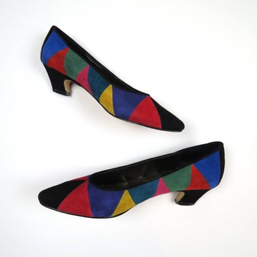 Vintage 1980s color block heels pumps colorful new wave suede size 9 