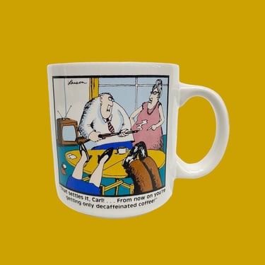 Vintage Far Side Mug Retro 1980s Gary Larson + Carl + Decaffeinated Coffee + White Porcelain + Cartoon + Novelty or Humor + Kitchen + Drink 