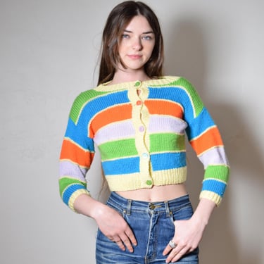 Vintage 1970s Hand Knit ooak RAINBOW STRIPED Shrunken CROPPED Petite Youth L Novelty Sweater Top 