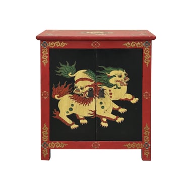 Tibetan Oriental Black Red Foo Dogs Lions End Table Nightstand ws4620E 