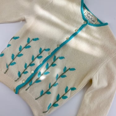 Early 1960'S Cardigan Sweater - BOBBIE BROOKS - Woven Leaf Print - Aqua on Cream - Precious Fur & Lambswool - 3/4 Sleeves - Size Small 
