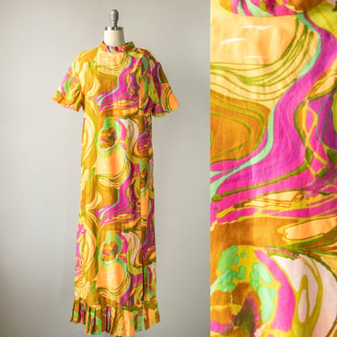 1960s Dress Abstract Cotton Maxi XL 